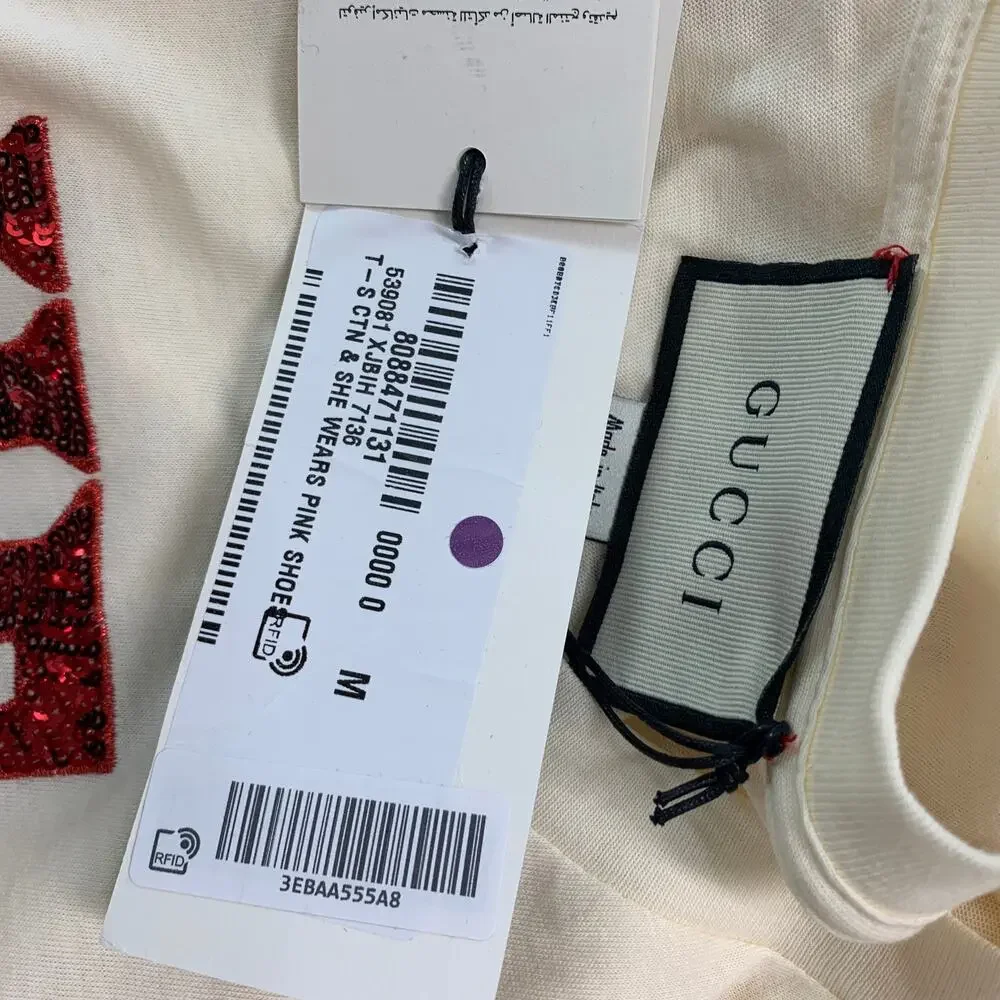 GUCCI Size M Beige Red Embroidery Cotton Crew-Neck T-shirt